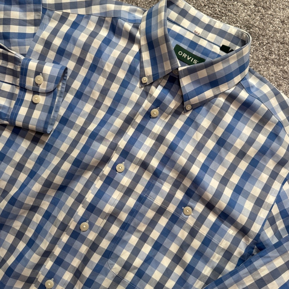 Orvis Shirt Mens M Blue Gingham 100% Cotton Preppy Button Long Sleeve Heritage